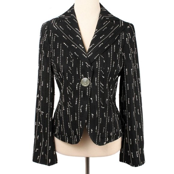 EYE Black & White Stitching Detail Single Button Linen Blend Blazer Size 8 - Picture 1 of 4